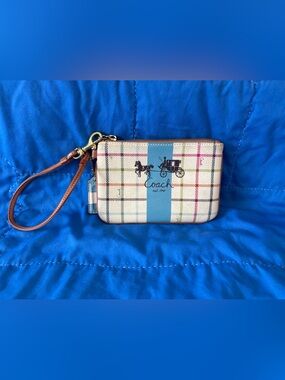 Coach Heritage Stripe Tattersall plaid wristlet with blue leather accents